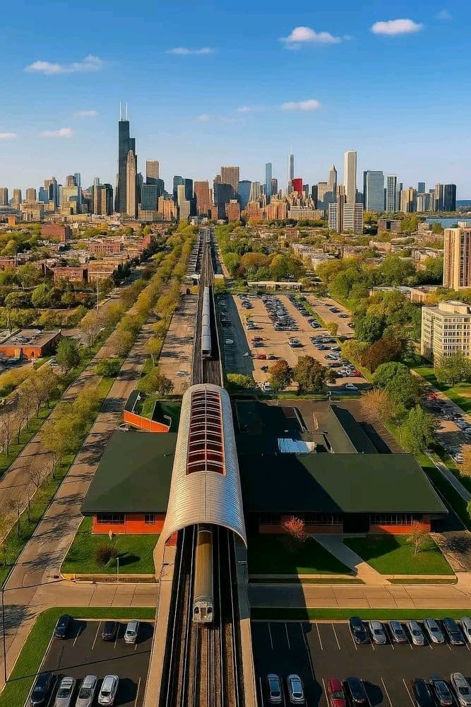 Chicago L tracks leading toward the skyline — elevated train and downtown