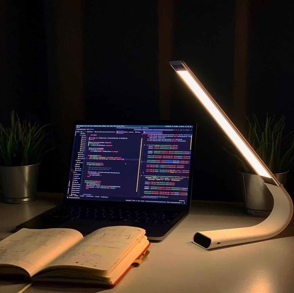 Desk at night — laptop with code, notebook, lamp, and plants