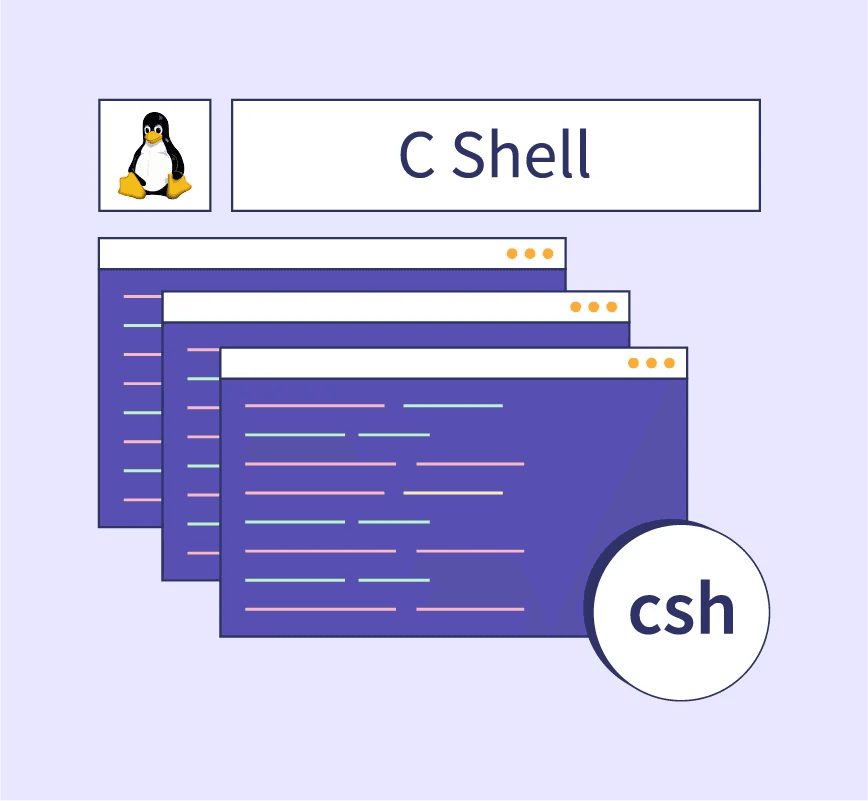 C Shell — Linux Tux header, stacked terminal windows, and csh badge on soft purple