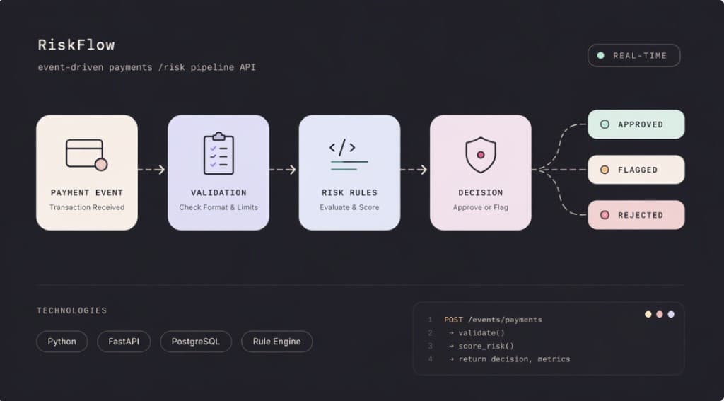 RiskFlow pipeline diagram showing payment event validation, risk rules, and decision outcomes
